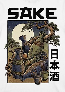 Sake Bottles and Cups with Japanese Text