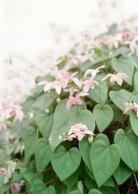 Pink Epimedium Flowers and Green Leaves