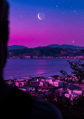 Vibrant Night Sky Over Coastal Town