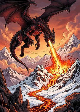 Dragon breathing fire on snowy mountains