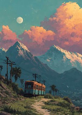 Vintage Tram in Mountain Landscape