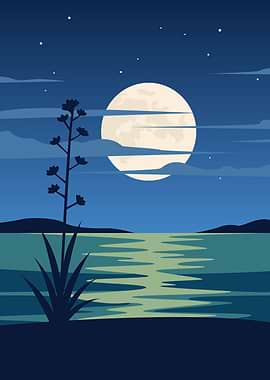 Moonlit night landscape with plant