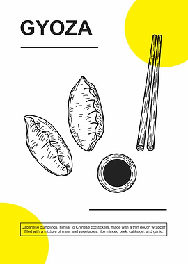 Gyoza illustration with chopsticks and soy sauce