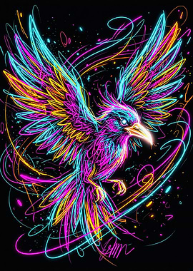 Vibrant Flying Neon Bird Art