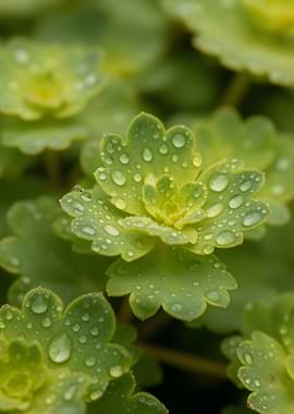 Dewdrops on green succulent leaves