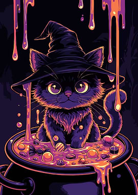 Cute Witch Cat in Cauldron
