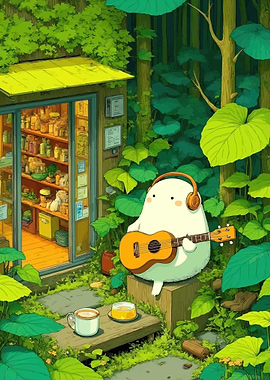 Cute character playing ukulele in a forest shop