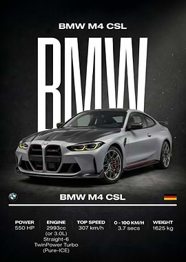 silver BMW M4 CSL Car Poster