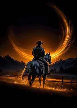 Cowboy on Horse Under Fiery Sky