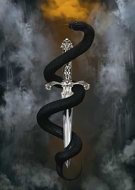 Black Snake Wrapped Around Ornate Sword