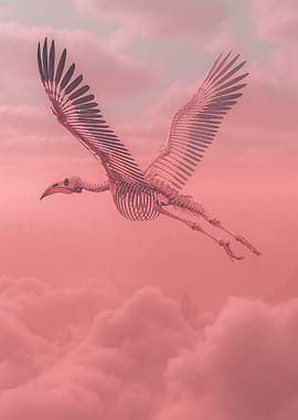 Skeleton Bird Flying Through Clouds