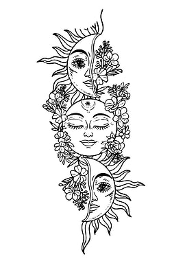 Sun and Moon Faces with Flowers