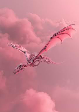 Dragon Skeleton Flying Through Pink Clouds