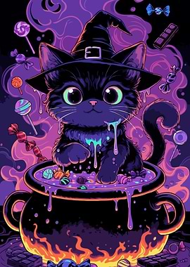 Halloween Cat in a Cauldron
