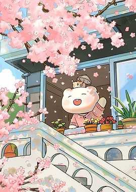 Cute bear character waving from a window