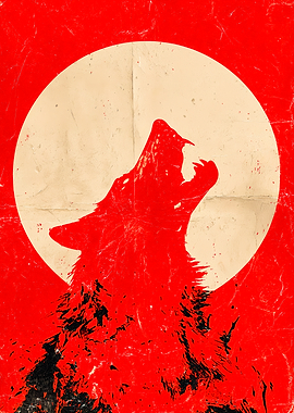 Howling Wolf Red Moon Grunge