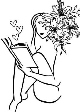 Woman reading with flowers and hearts