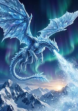 Ice Dragon Breathing Frost Over Mountains