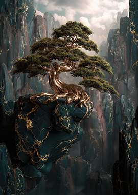 Golden Bonsai Tree on Rocky Outcrop