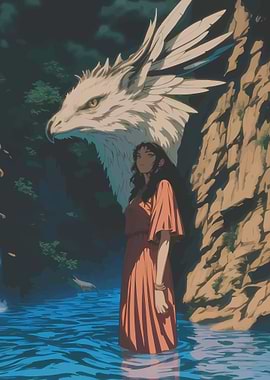 Woman and Dragon by a Waterfall