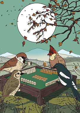 Birds playing Mahjong under the moon
