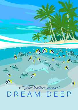 Tropical Beach with Fish and Text