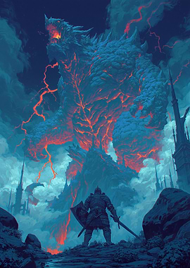 Knight Faces Colossal Lava Dragon