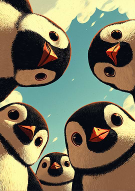 Group of Curious Penguins Looking Up