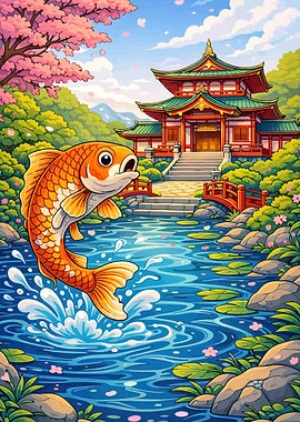 Koi Fish Jumping in Japanese Garden
