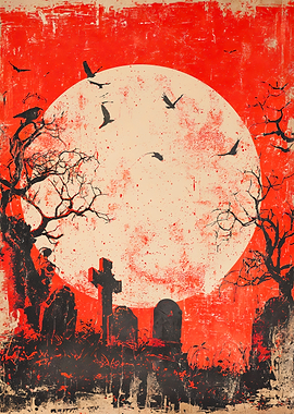 Macabre Graveyard Red Moon Grunge