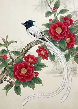 Bird on a Camellia Branch