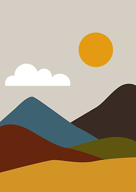 Minimalist Mountain Landscape with Sun and Clouds