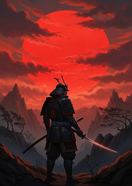 Samurai Facing a Red Sun