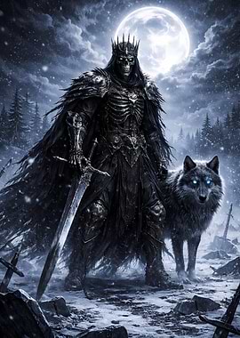 Skeleton King with Wolf in Winter