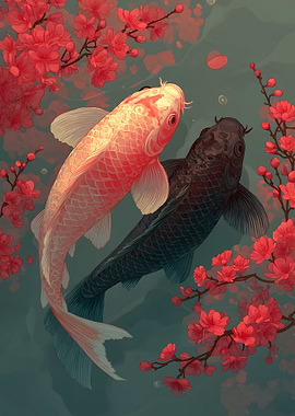Koi Fish and Cherry Blossoms