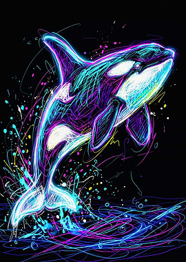 Jumping Electric Neon Orca Art
