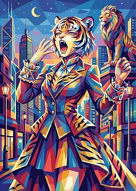 Tiger Woman and Lion in Pop Art Cityscape