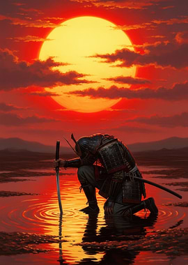 Samurai Kneeling at Sunset