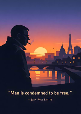 Jean-Paul Sartre in Paris at Sunset