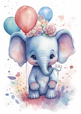 Cute Elephant with Balloons and Flowers