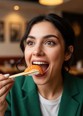 Woman eating sushi with chopsticks