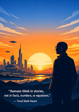 Futuristic Cityscape at Sunset with Quote