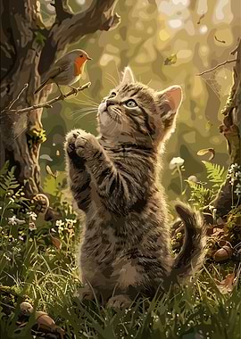 Kitten and Robin in Forest