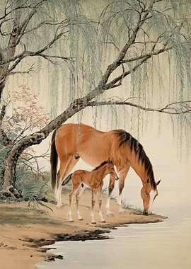 Mother and Foal Drinking Water