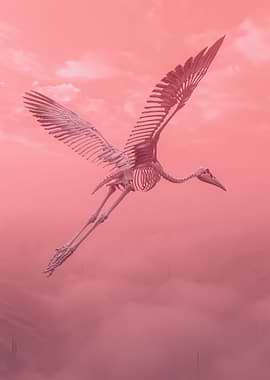 Skeleton Bird Flying in Pink Sky