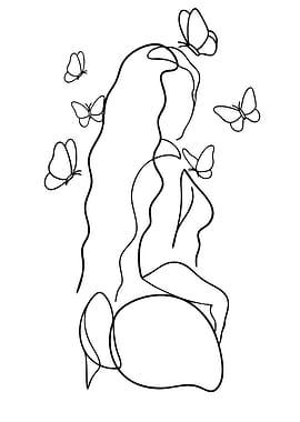 Woman with Butterflies Line Art