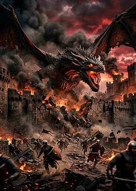 Dragon attacking a medieval castle