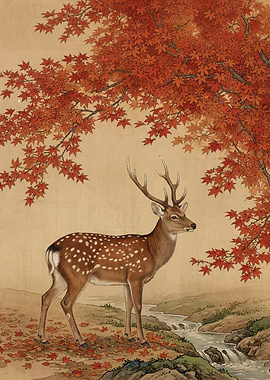 Deer under autumn maple trees