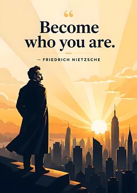 Nietzsche overlooking a city at sunrise