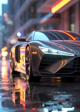 Futuristic Car in Rainy City